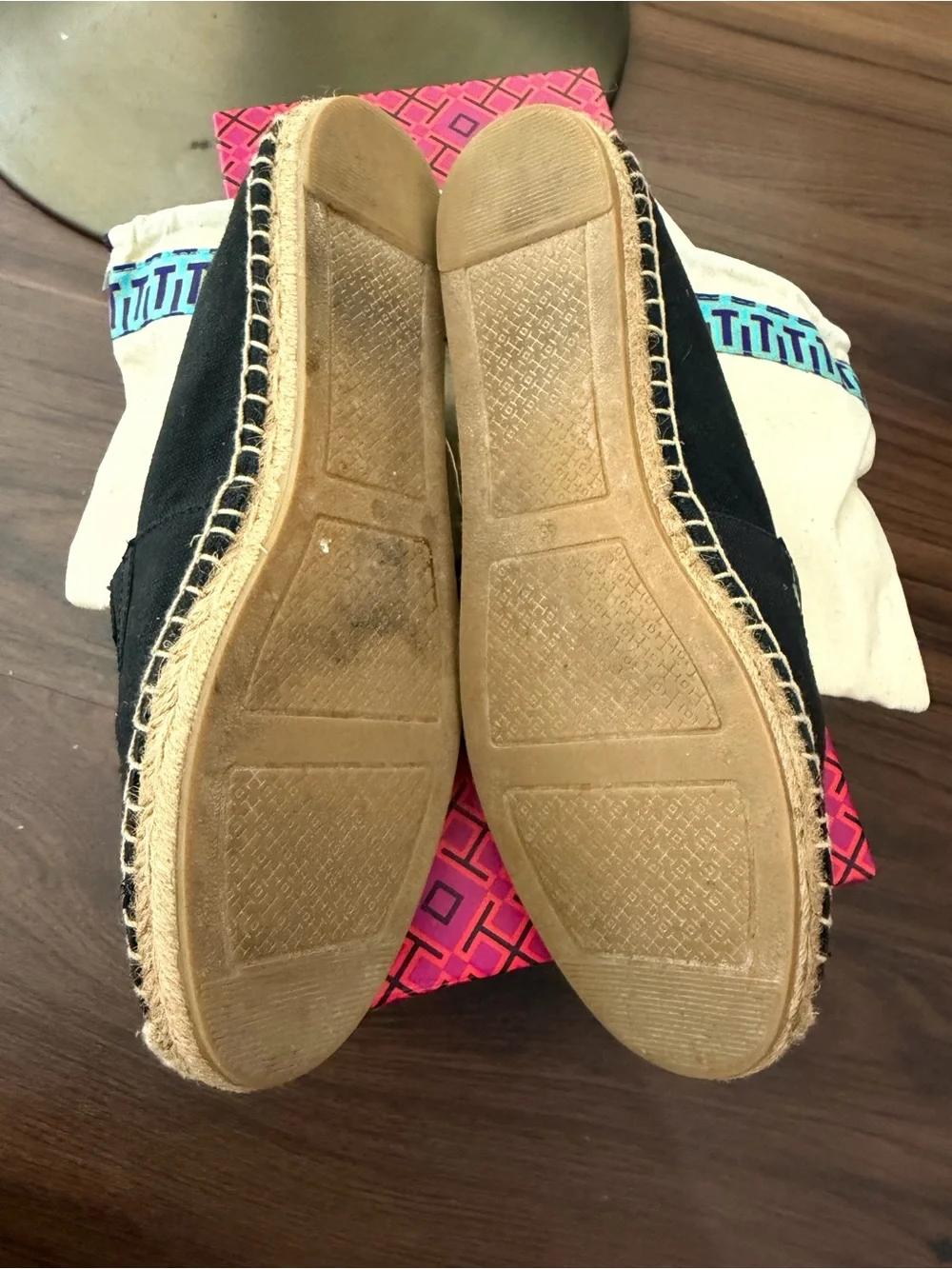 Tory Burch Black Espadrille Slip-On Flats with Patent Logo